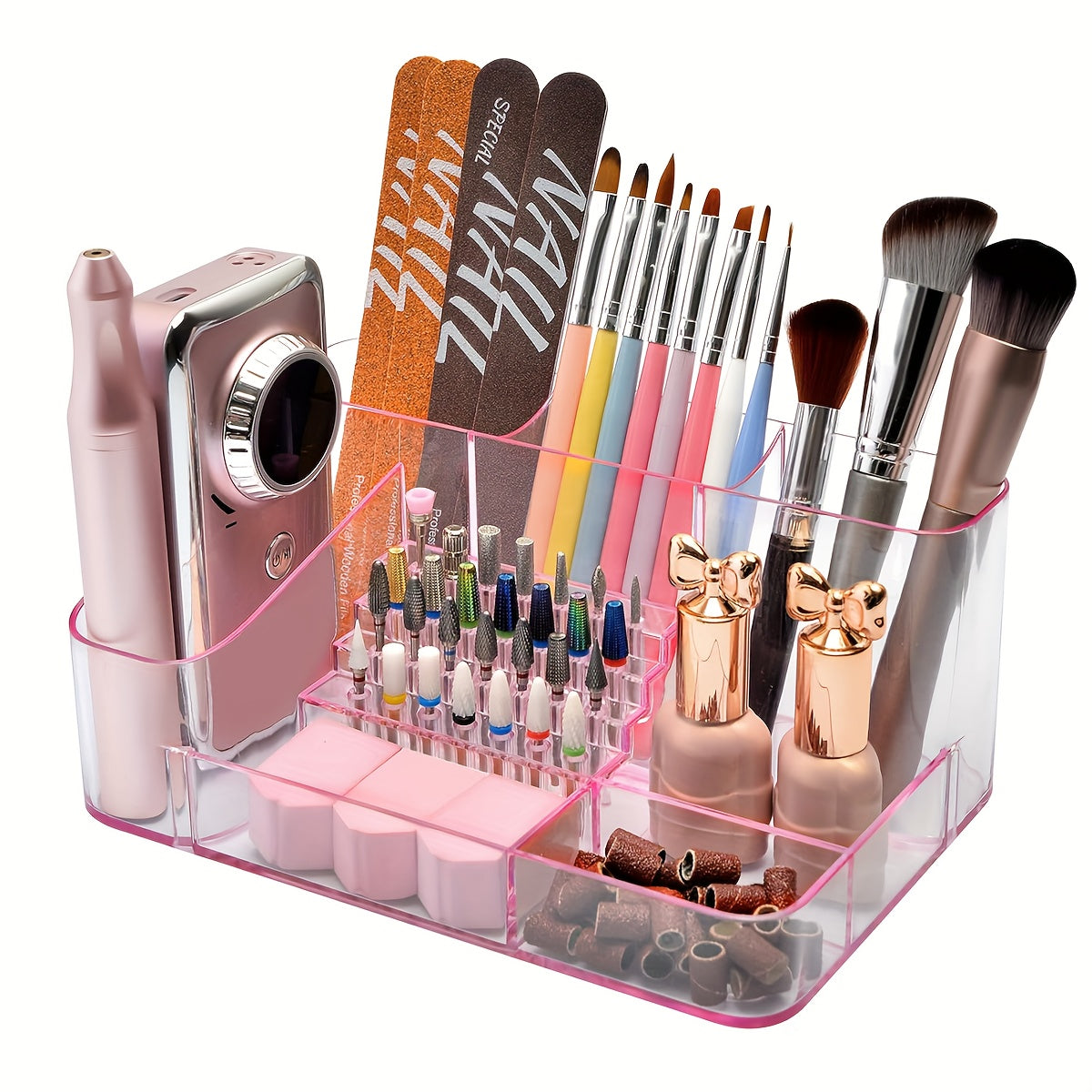 PINDAR 28-Capacity Professional Manicure & Pedicure Organizer with 3 Compartments, Transparent Drawers & Fixed Compartments - Durable Plastic Bathroom Storage Box for Nail Art Supplies, Makeup Brushes, Beauty Tools, Nail Tech Accessories, Sleek Design,