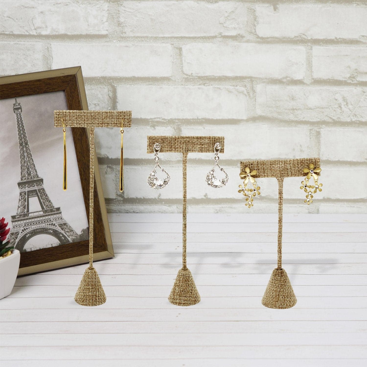 #ED-2401N-N3 Tall Metal T-Shaped Earring Display Stand, Burlap Linen