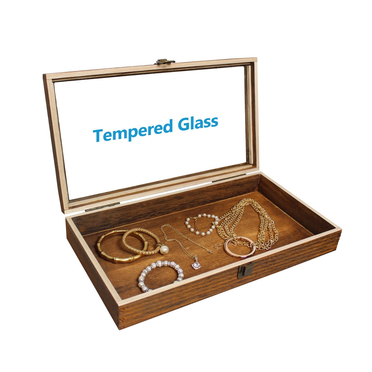 #WD832C Antique Wood Storage Case with Tempered Glass View Top