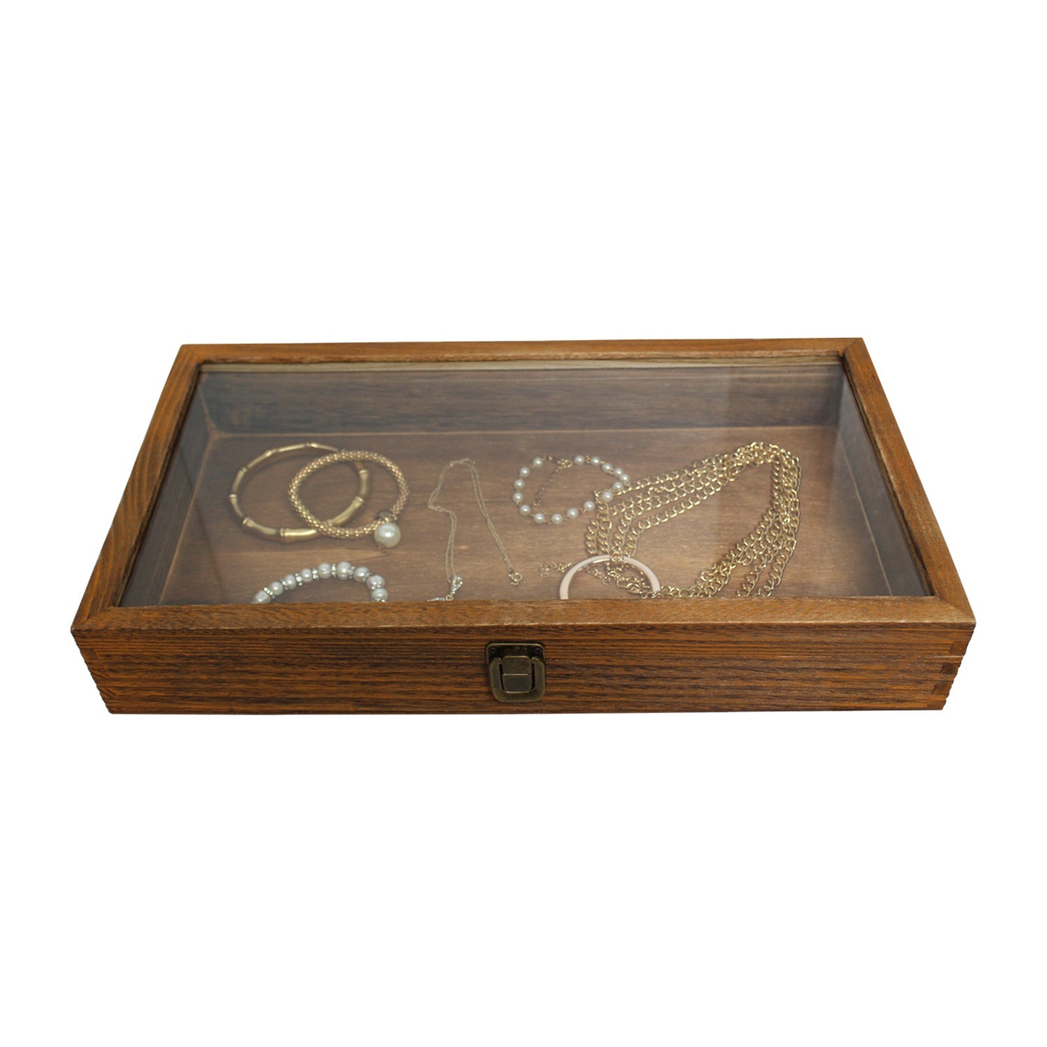 #WD832C Antique Wood Storage Case with Tempered Glass View Top