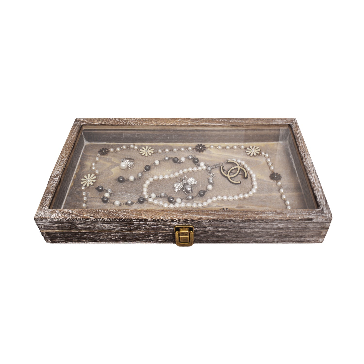 #WD832C Antique Wood Storage Case with Tempered Glass View Top