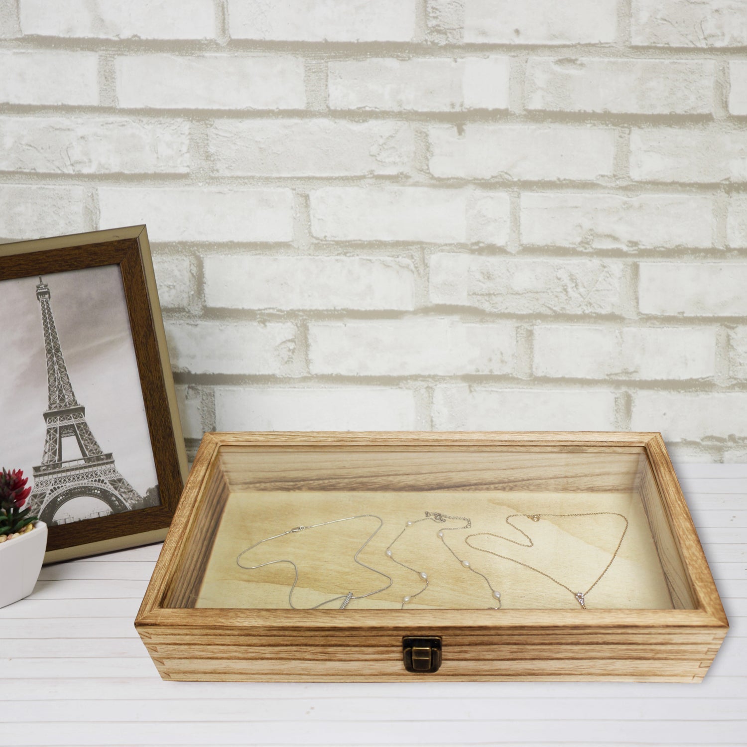 #WD832C Antique Wood Storage Case with Tempered Glass View Top