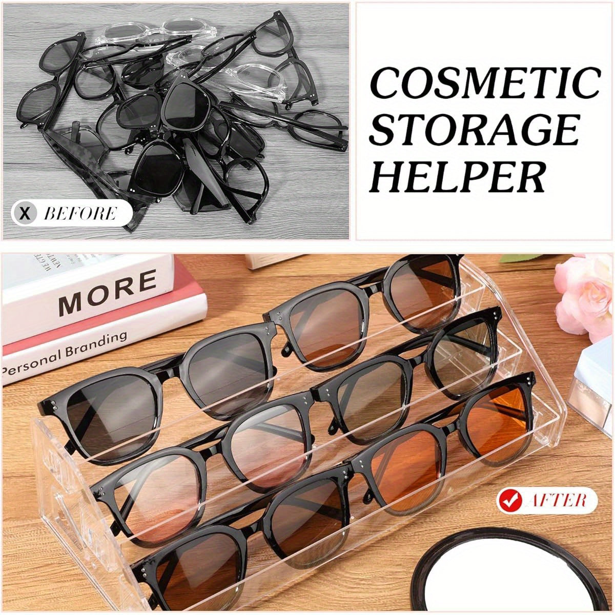 2pcs Clear Organizer - Space-Saving Vertical Storage for Glasses, Fashion Glasses, Nail Polish, Essential Oils, Makeup - Bathroom, Vanity, Salon, Office - No Assembly Needed, Easy Insertion, Vanity Accessory, Threelayer Organizer, Acrylic Material
