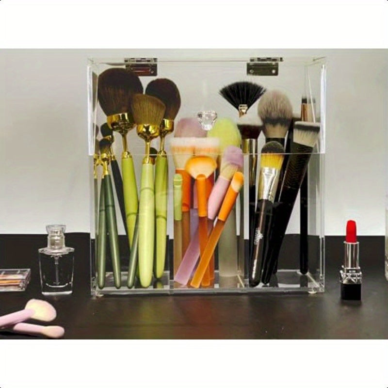 Acrylic Makeup OrganizerClear Cosmetic Brush Storage Box With 3 Brush Holders Makeup Brush Holderwith Dust Cover Largecapacity Split Design Can Quickly Organize the Desktop No pearls
