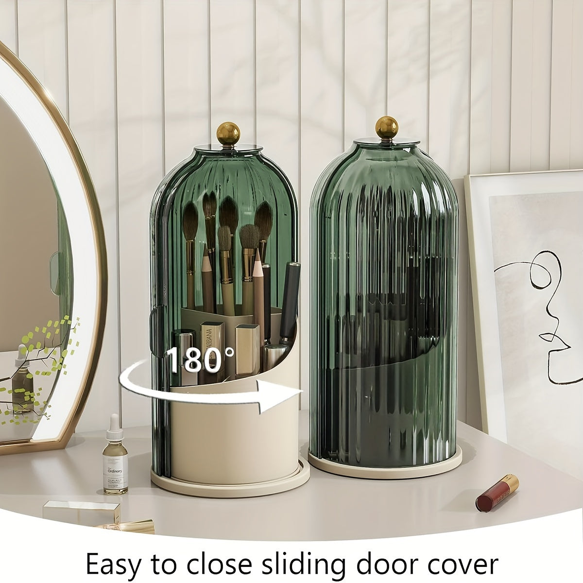 Makeup Brush Holder With Dustproof Cover 360 Rotating Makeup Brush Organizer For Vanity Bathroom