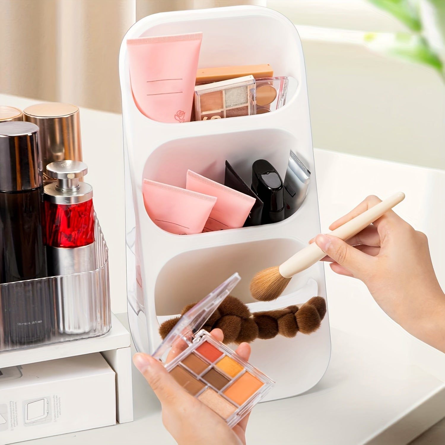 3-Tier Makeup Brush Holder & Organizer with Multiple Compartments – Lightweight Plastic Countertop Storage for Brushes, Lipsticks, Skincare Products, and Stationery – Perfect for Bathroom or Vanity Display, Makeup Brush Holder