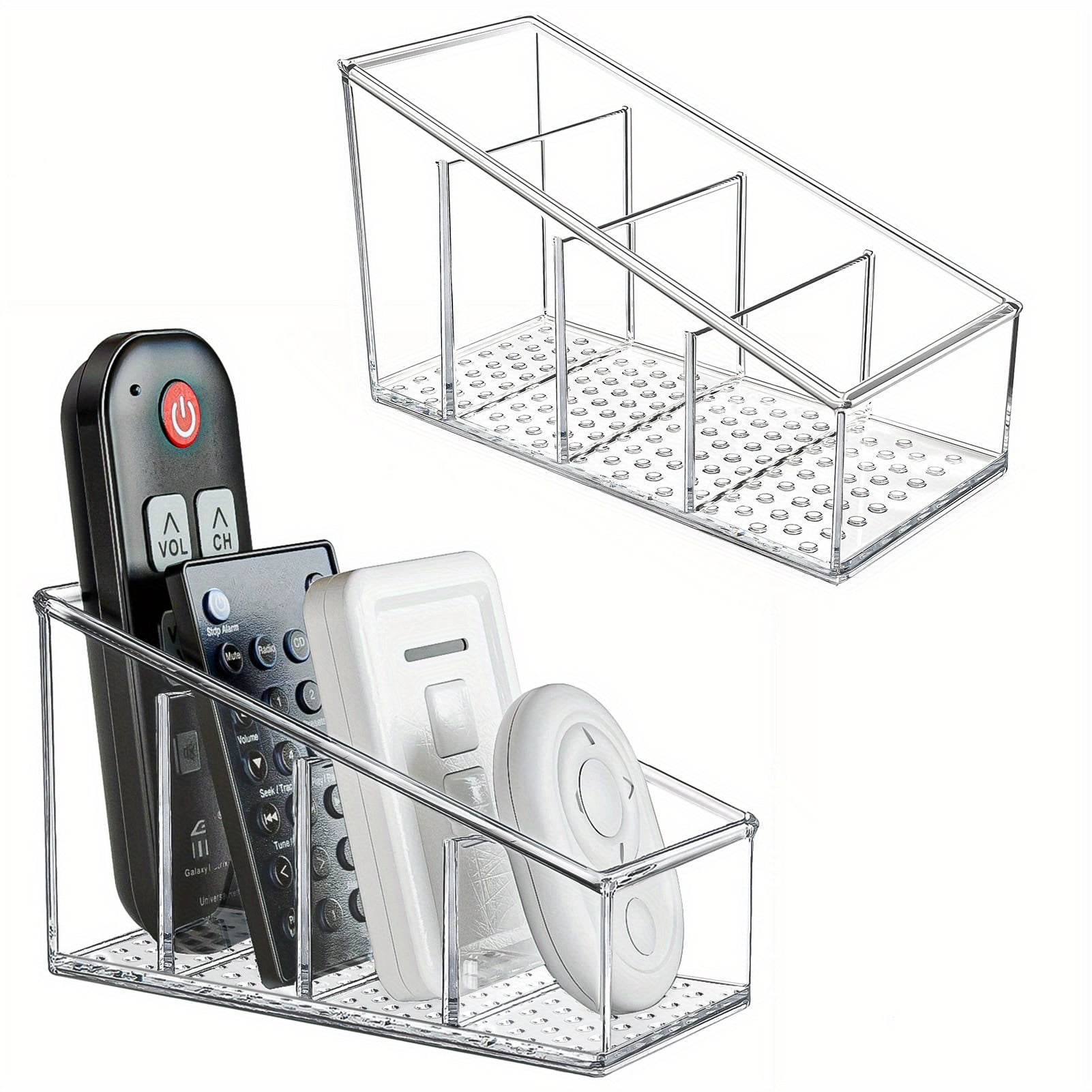 Clear Acrylic Remote Control Holder & Desk Organizer - 4-Compartment Makeup Brush & Pen Storage, Lightweight Polished Square Design for Home Office, School, Dorm - Space-Saving Desktop Organizer, Remote Control Storage, Dorm Room Essentials, Modern