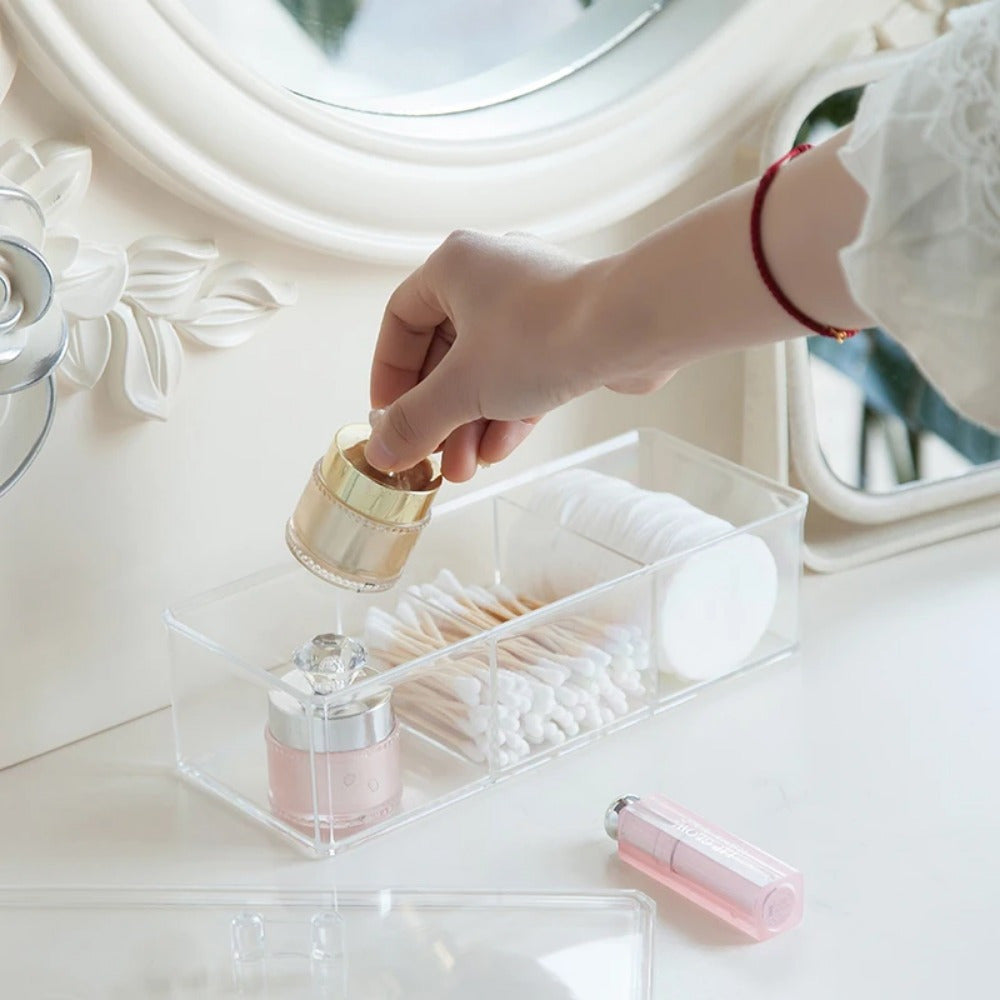 3-Compartment Transparent Acrylic Makeup Organizer - Clear Cosmetic Storage Box with Soft Lined Drawers for Brushes, Swabs, Pads - Durable Vanity & Bathroom Countertop Organizer, Makeup Organizers Storage, Sleek Design, Sturdy Construction