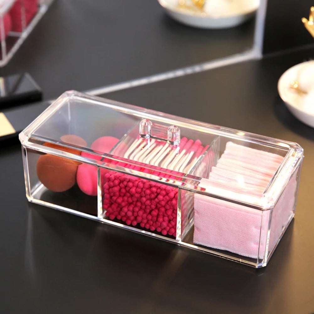 3-Compartment Transparent Acrylic Makeup Organizer - Clear Cosmetic Storage Box with Soft Lined Drawers for Brushes, Swabs, Pads - Durable Vanity & Bathroom Countertop Organizer, Makeup Organizers Storage, Sleek Design, Sturdy Construction