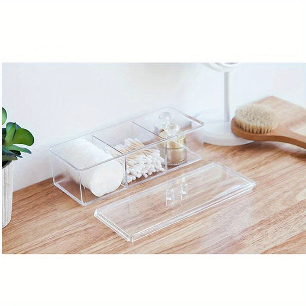 3-Compartment Transparent Acrylic Makeup Organizer - Clear Cosmetic Storage Box with Soft Lined Drawers for Brushes, Swabs, Pads - Durable Vanity & Bathroom Countertop Organizer, Makeup Organizers Storage, Sleek Design, Sturdy Construction