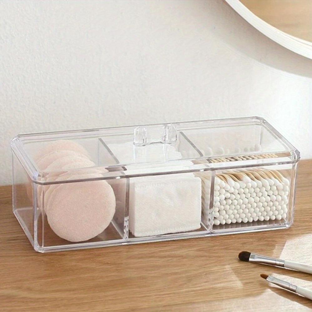 3-Compartment Transparent Acrylic Makeup Organizer - Clear Cosmetic Storage Box with Soft Lined Drawers for Brushes, Swabs, Pads - Durable Vanity & Bathroom Countertop Organizer, Makeup Organizers Storage, Sleek Design, Sturdy Construction