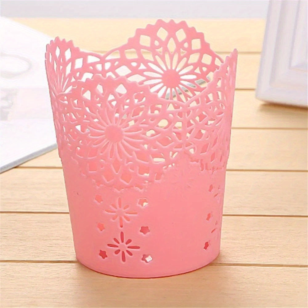 1pc Floral Pattern Plastic Storage Organizer - Multifunctional Desk & Home Organizer for Makeup Brushes, Pens, Office Supplies - 7 Vibrant Colors (Green, Blue, White, Pink, Orange, Rose Red, Purple), Quality Craftsmanship