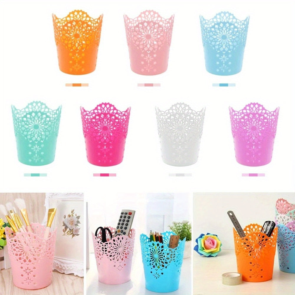 1pc Floral Pattern Plastic Storage Organizer - Multifunctional Desk & Home Organizer for Makeup Brushes, Pens, Office Supplies - 7 Vibrant Colors (Green, Blue, White, Pink, Orange, Rose Red, Purple), Quality Craftsmanship