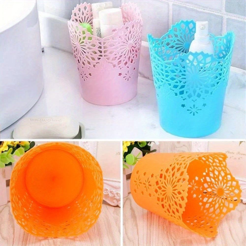 1pc Floral Pattern Plastic Storage Organizer - Multifunctional Desk & Home Organizer for Makeup Brushes, Pens, Office Supplies - 7 Vibrant Colors (Green, Blue, White, Pink, Orange, Rose Red, Purple), Quality Craftsmanship