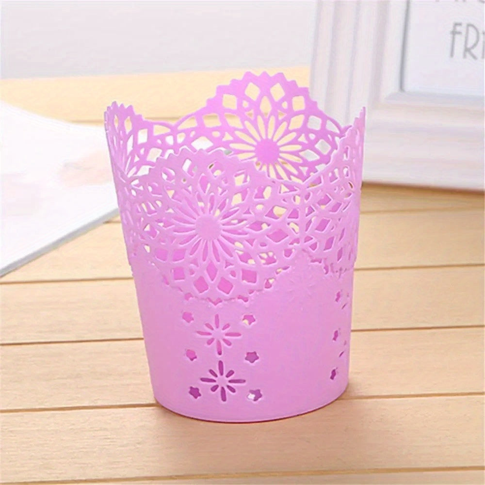 1pc Floral Pattern Plastic Storage Organizer - Multifunctional Desk & Home Organizer for Makeup Brushes, Pens, Office Supplies - 7 Vibrant Colors (Green, Blue, White, Pink, Orange, Rose Red, Purple), Quality Craftsmanship