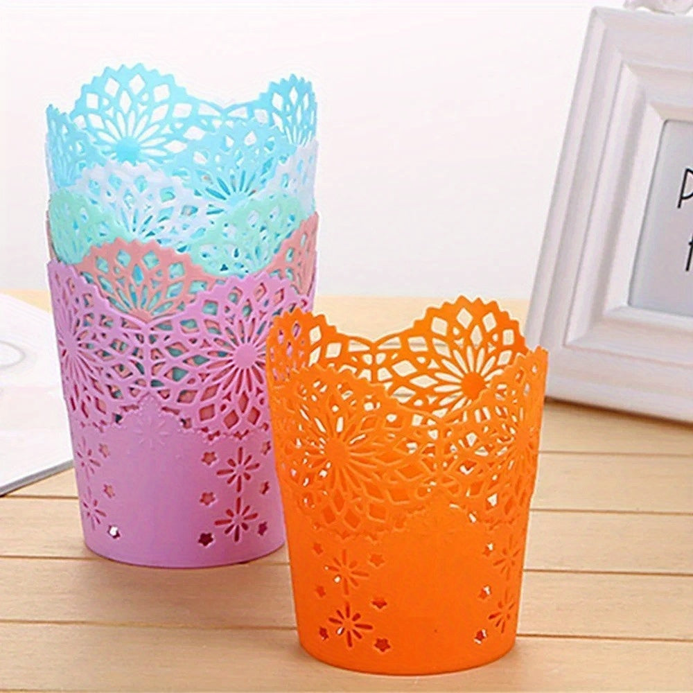 1pc Floral Pattern Plastic Storage Organizer - Multifunctional Desk & Home Organizer for Makeup Brushes, Pens, Office Supplies - 7 Vibrant Colors (Green, Blue, White, Pink, Orange, Rose Red, Purple), Quality Craftsmanship