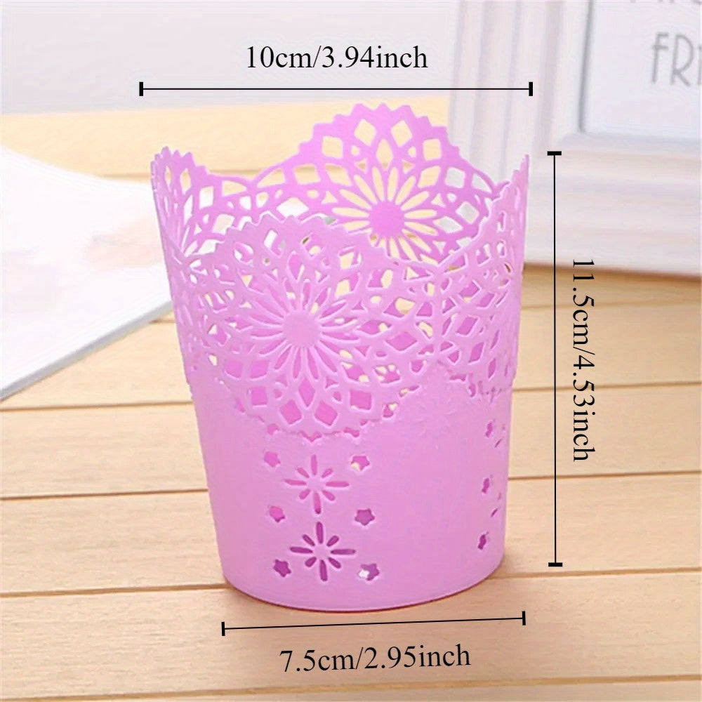 1pc Floral Pattern Plastic Storage Organizer - Multifunctional Desk & Home Organizer for Makeup Brushes, Pens, Office Supplies - 7 Vibrant Colors (Green, Blue, White, Pink, Orange, Rose Red, Purple), Quality Craftsmanship