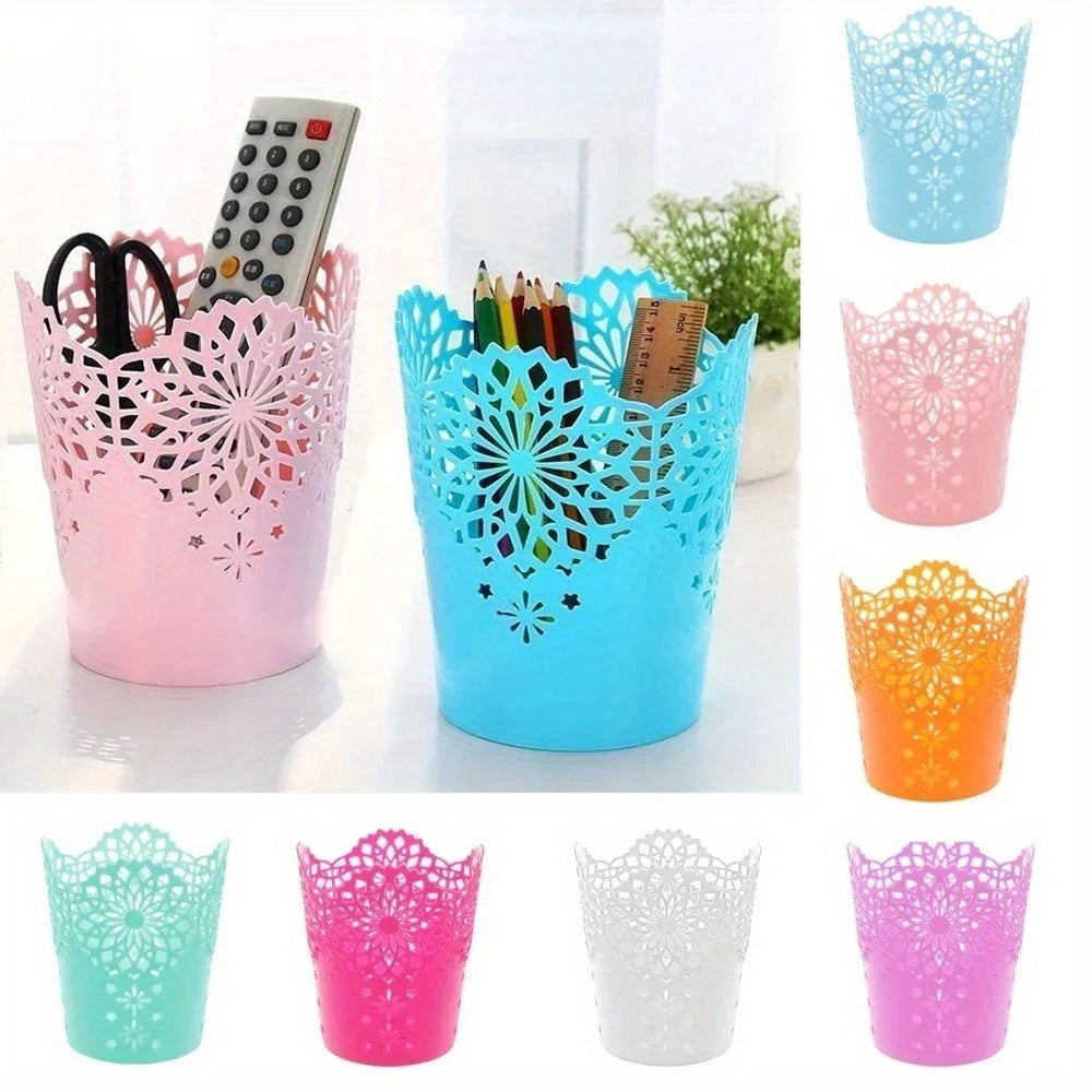 1pc Floral Pattern Plastic Storage Organizer - Multifunctional Desk & Home Organizer for Makeup Brushes, Pens, Office Supplies - 7 Vibrant Colors (Green, Blue, White, Pink, Orange, Rose Red, Purple), Quality Craftsmanship