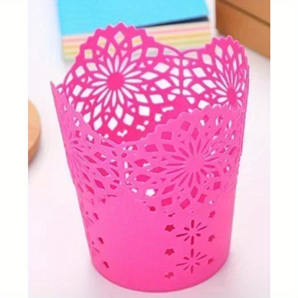 1pc Floral Pattern Plastic Storage Organizer - Multifunctional Desk & Home Organizer for Makeup Brushes, Pens, Office Supplies - 7 Vibrant Colors (Green, Blue, White, Pink, Orange, Rose Red, Purple), Quality Craftsmanship