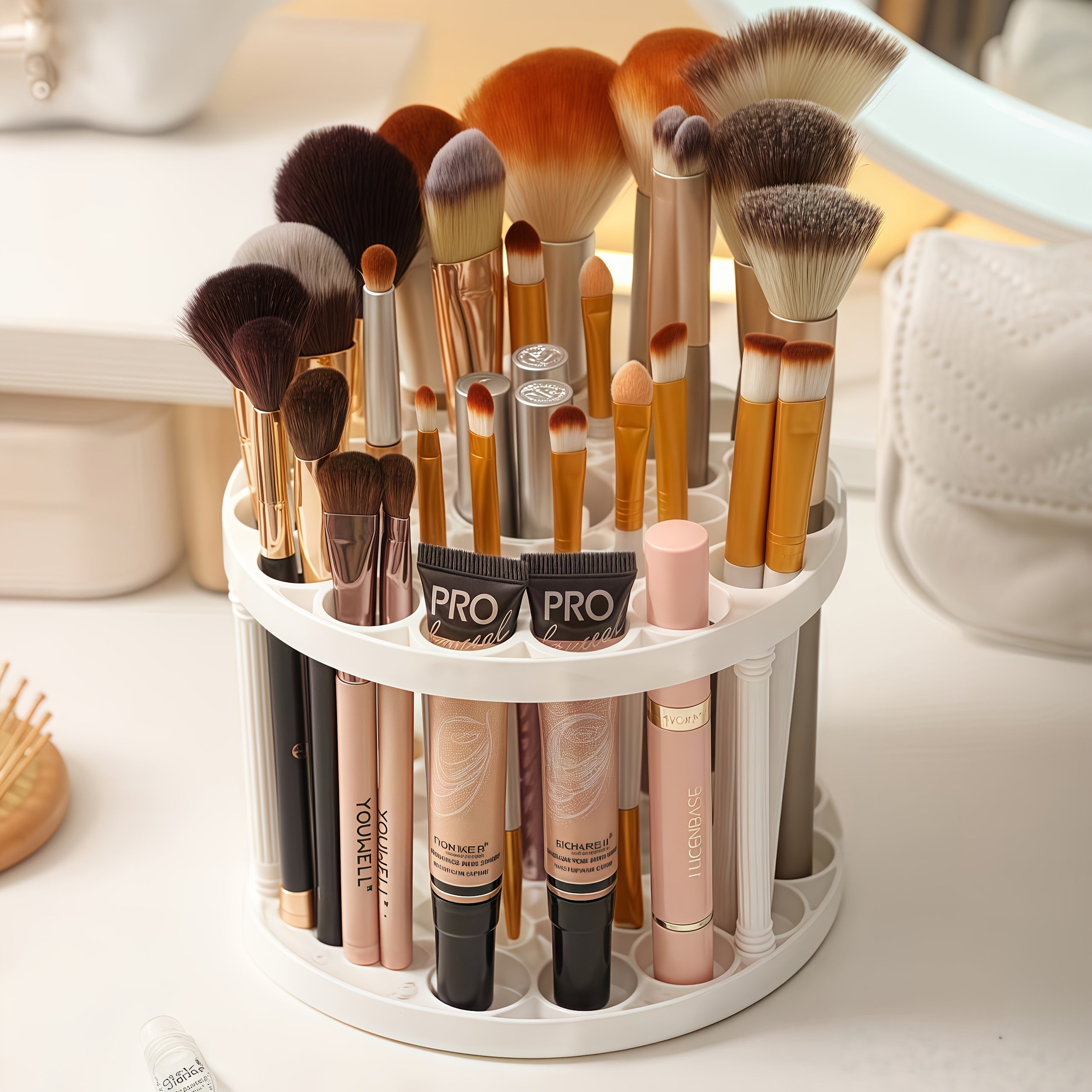 360° Rotatable Art Brush Organizer - White Ceramic-Coated Plastic Insert Holder with Multiple Compartments for Brushes, Pens, Makeup Tools - Space-Saving Desktop Storage for Artists & Crafters, Craft Tool Organizer, Smooth Finish, Durable Construction,