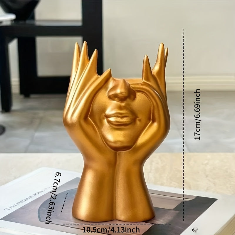 1pc Human Body Art Makeup Brush & Pen Holder - Black & Golden Sculpture Design, Wall-Mounted Vanity Organizer with Multiple Compartments for Cosmetics, Makeup Brushes, Stationery Storage - Durable Painted Finish, Makeup Vanity Desk, Elegant Design, Sleek