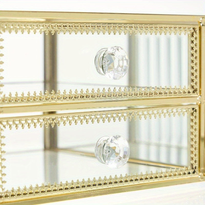 360-Degree Rotating Makeup Organizer with Golden Accents - 3-Drawer Vanity Storage, No Assembly Needed, Elegant Cosmetic Organizer with Spacious Drawers for Professional or Home Use - Perfect Gift for Beauty Enthusiasts, Modern Design, Polished Finish,