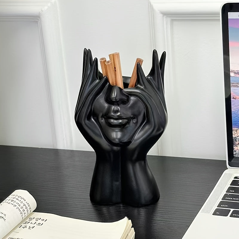1pc Human Body Art Makeup Brush & Pen Holder - Black & Golden Sculpture Design, Wall-Mounted Vanity Organizer with Multiple Compartments for Cosmetics, Makeup Brushes, Stationery Storage - Durable Painted Finish, Makeup Vanity Desk, Elegant Design, Sleek
