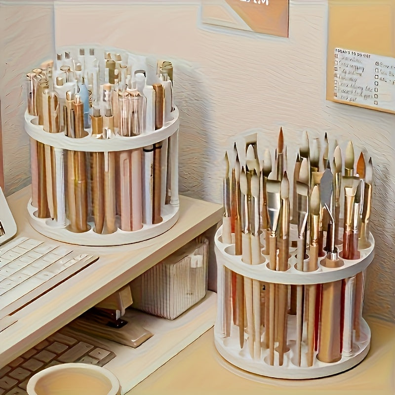 360° Rotating Paint Brush Holder - Space-Saving White Desktop Organizer with Polished Finish, Ceramic Coated Plastic Inserts for Art Brushes, Pens, Makeup Tools - Elegant Design for Home or Office, Office Desk Accessory | Modern White Organizer | Polished
