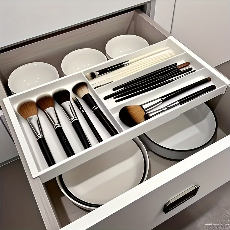 [Adjustable Drawer Organizer] Multi-Compartment Adjustable Drawer Organizer for Desktop - Plastic Storage Box with Blue Handles, Ideal for Pens, Makeup Brushes, Spoons, Forks - Easy to Move and Access, Desk and Drawer Organizer Suitable for Home Storage,