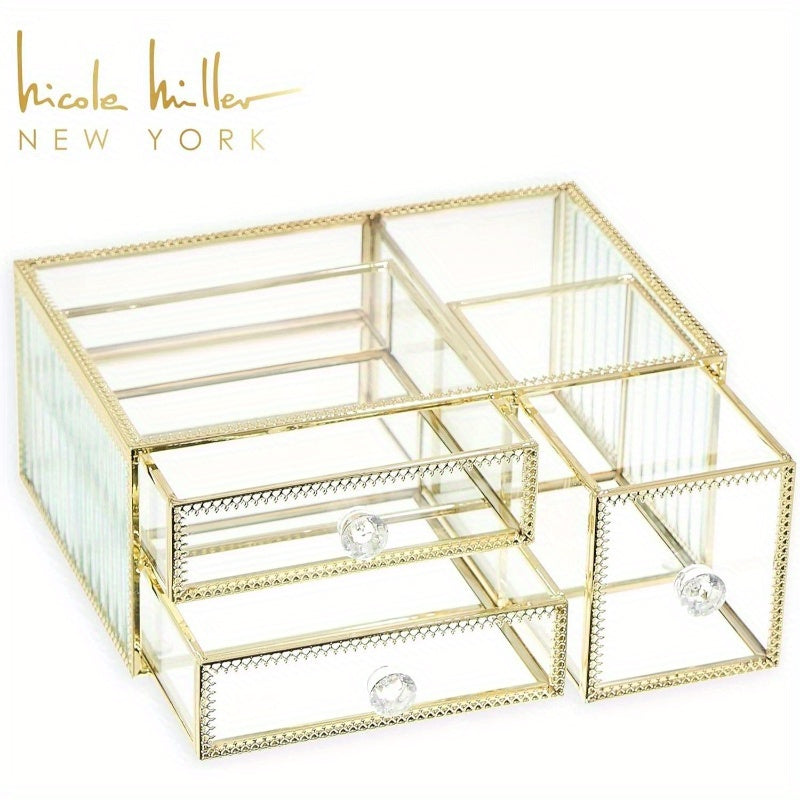 360-Degree Rotating Makeup Organizer with Golden Accents - 3-Drawer Vanity Storage, No Assembly Needed, Elegant Cosmetic Organizer with Spacious Drawers for Professional or Home Use - Perfect Gift for Beauty Enthusiasts, Modern Design, Polished Finish,