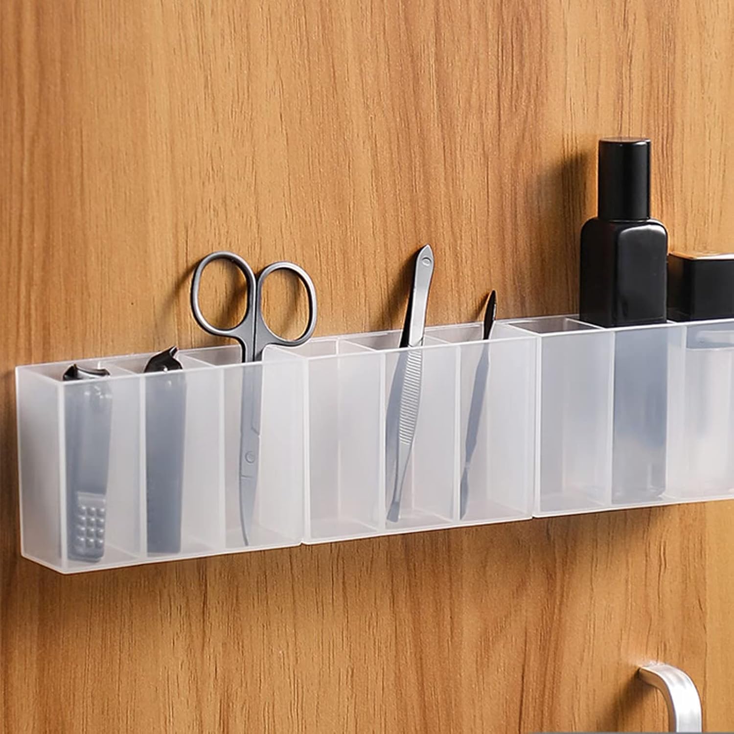3pcs Transparent Plastic Wall-Mounted Storage Boxes with 3 Compartments - Self-Adhesive Makeup Brush & Lipstick Organizer for Home Office, Bathroom, or Vanity - Space-Saving Design for Cosmetics, Pens, and Small Items, Makeup Vanity Desk, Bathroom