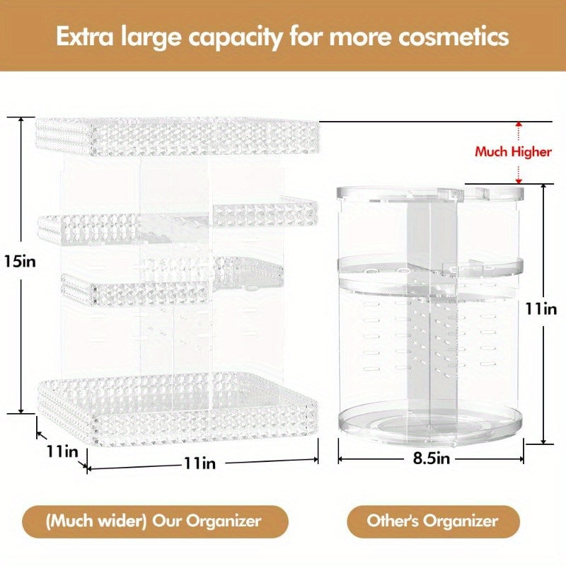 Rotating Makeup Organizer for Vanity - High-Capacity Acrylic Cosmetic Storage with Clear Drawers, Multi-Compartment Design for Perfume, Skincare & Makeup Brushes, Plus Size Clear Countertop Organizer, Bathroom Vanity Storage, Sleek Modern Look, Clear