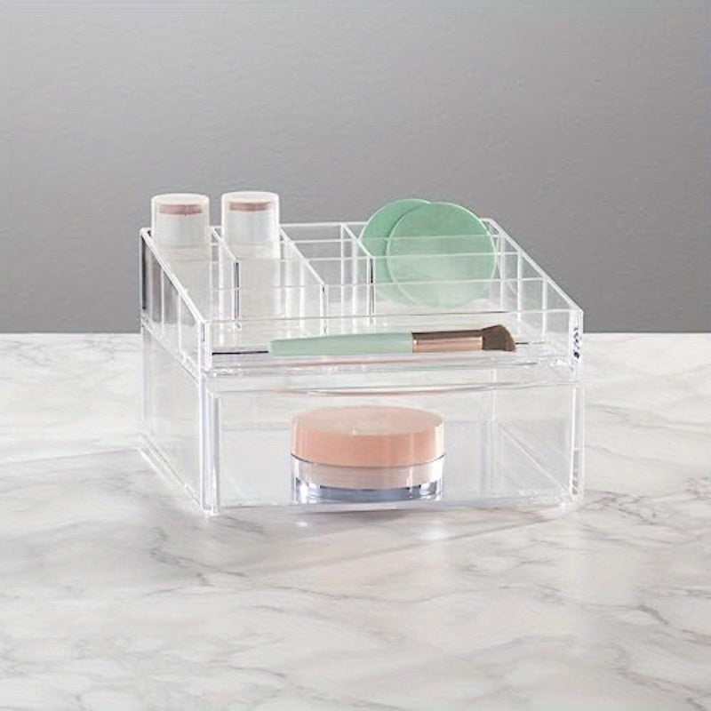 Cadi Collection Clear Plastic Divided Makeup Organizer Bin with Front Drawer - 11-Compartment Bathroom Vanity Storage for Cosmetics, Brushes, Nail Art Tools | Durable Countertop Organizer, Space-Saving Design (7.68x7x4.6in), Cosmetic Storage Organizer,