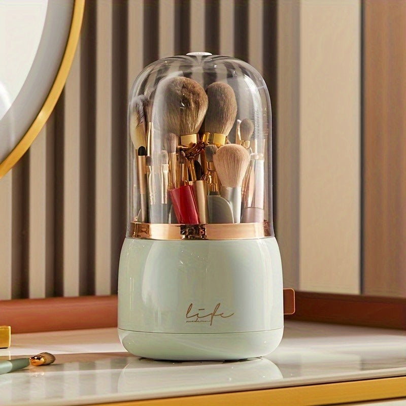 Luxury Makeup Brush Organizer with Mint Green & Rose Golden Accents - Transparent Vanity Storage Box, Large Capacity Makeup Organizer with Dustproof Lid for Professional or Home Use - Bathroom Countertop Decor, No Assembly Needed, Makeup Vanity Desk