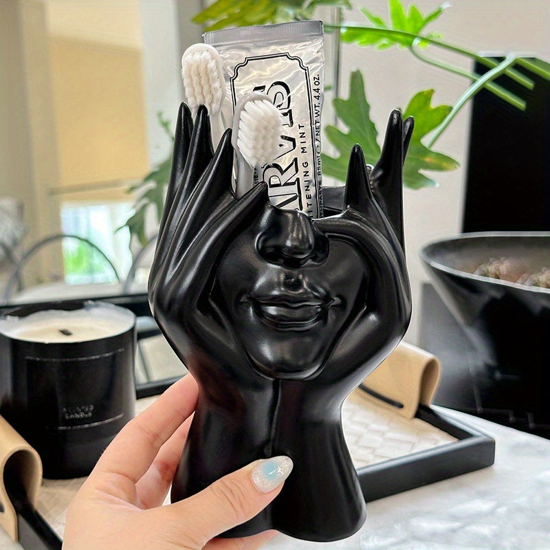 1pc Multifunctional Facial Sculpture Pen Holder & Makeup Brush Organizer - Creative Artistic Decorative Home Office Bathroom Vanity Storage Box, Durable Resin Material Desktop Organizer for Makeup Supplies, No Power Required