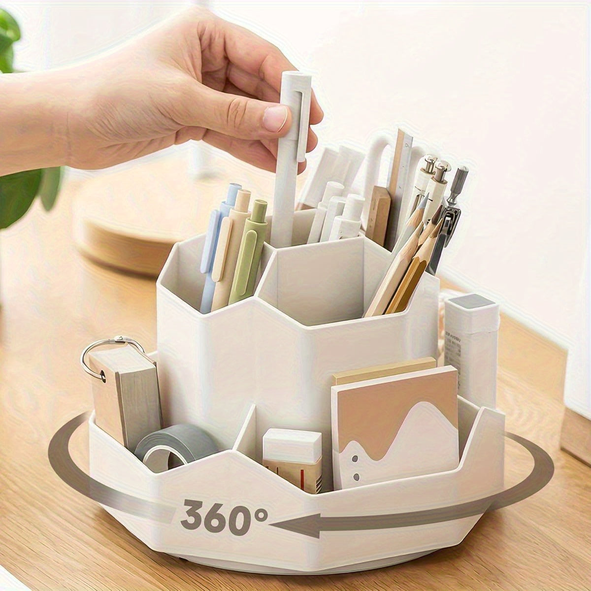 360° Rotating Nine-Grid Desktop Organizer - Milky White Pen & Pencil Holder with Sturdy Base, Space-Saving Design for Office & Home Art Supplies Storage, Durable Premium Craftsmanship, Office Desk Accessories, Highquality Construction