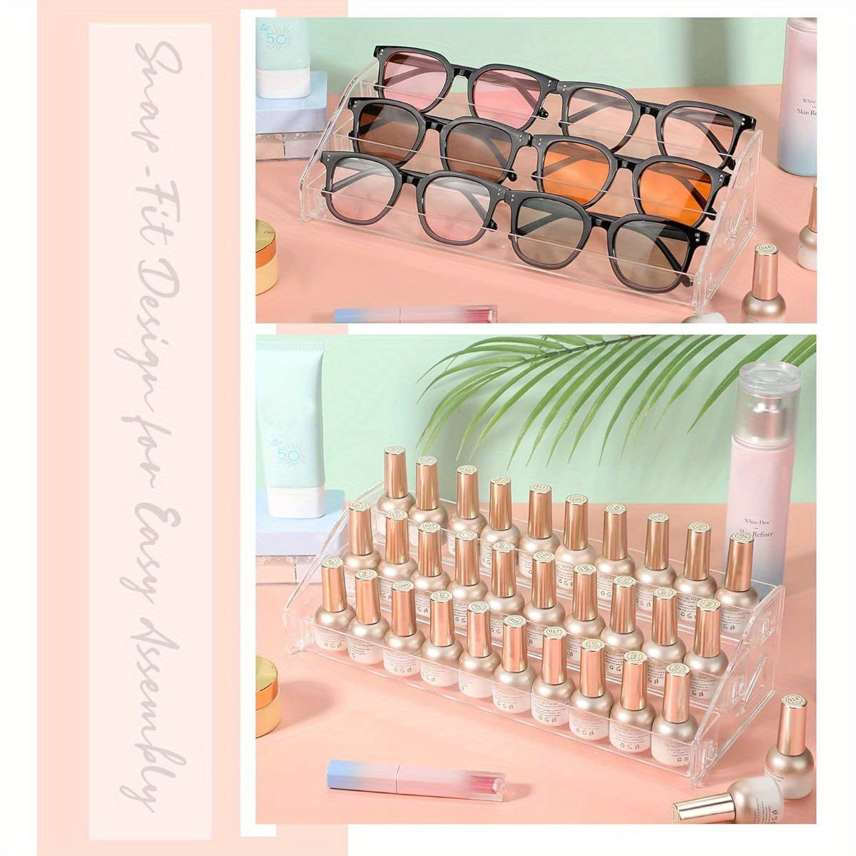 2pcs Clear Organizer - Space-Saving Vertical Storage for Glasses, Fashion Glasses, Nail Polish, Essential Oils, Makeup - Bathroom, Vanity, Salon, Office - No Assembly Needed, Easy Insertion, Vanity Accessory, Threelayer Organizer, Acrylic Material