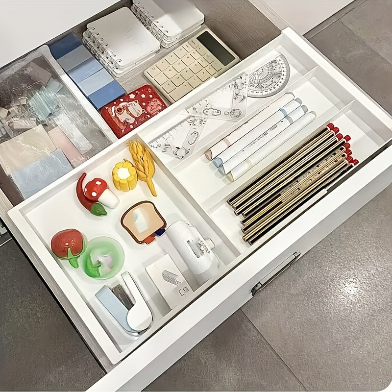 [Adjustable Drawer Organizer] Multi-Compartment Adjustable Drawer Organizer for Desktop - Plastic Storage Box with Blue Handles, Ideal for Pens, Makeup Brushes, Spoons, Forks - Easy to Move and Access, Desk and Drawer Organizer Suitable for Home Storage,