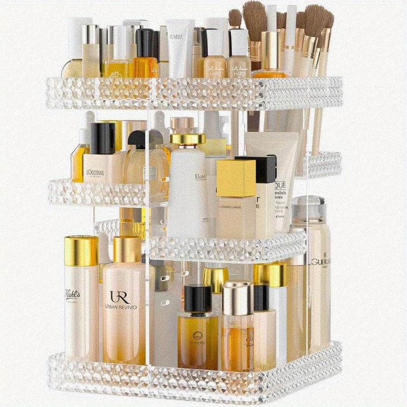 Rotating Makeup Organizer for Vanity - High-Capacity Acrylic Cosmetic Storage with Clear Drawers, Multi-Compartment Design for Perfume, Skincare & Makeup Brushes, Plus Size Clear Countertop Organizer, Bathroom Vanity Storage, Sleek Modern Look, Clear