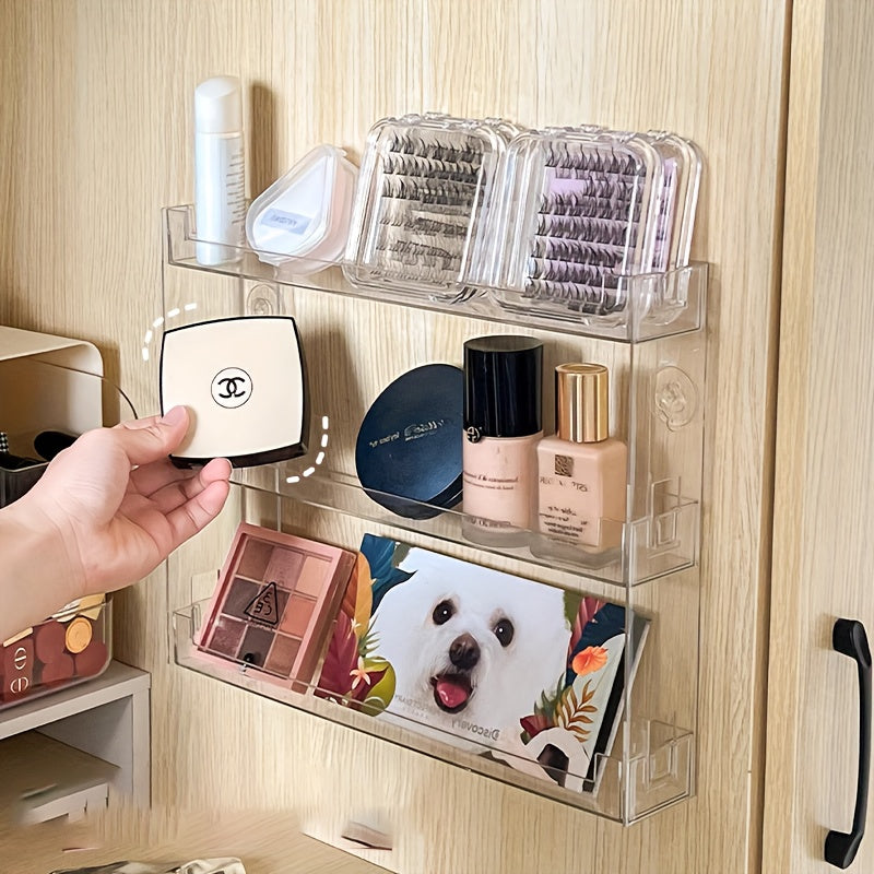 1pc Clear Wall-Mounted Makeup Organizer Shelf - Heavy-Duty Adjustable Vanity Tray, Space-Saving Bathroom Storage Rack with Large Capacity for Makeup, Perfume, Lipsticks, Foundation - Easy Installation, No Tools Needed, Modern Vanity Decor for Home, Salon,