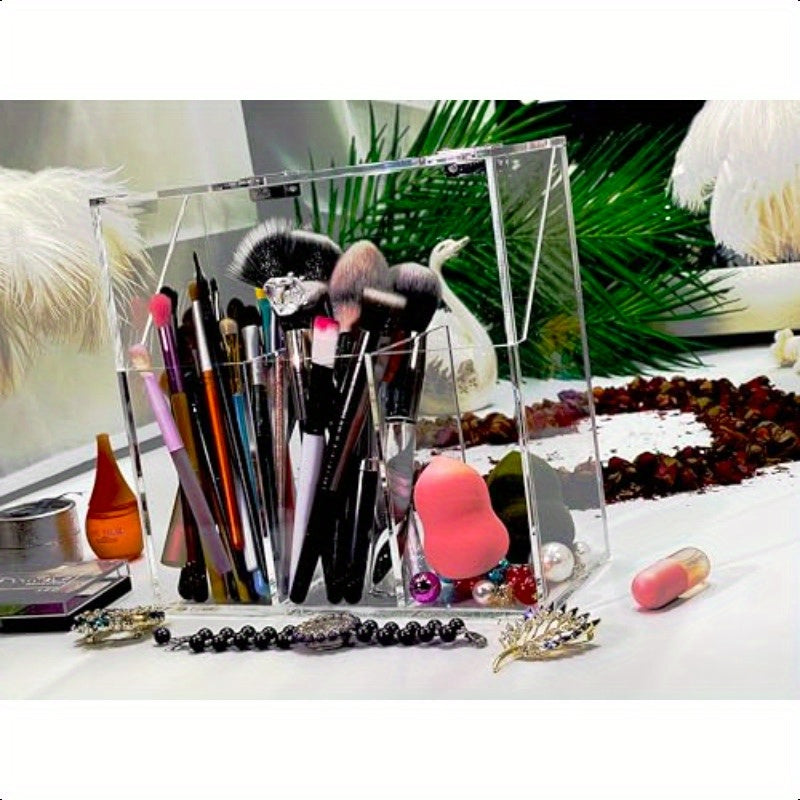 Acrylic Makeup OrganizerClear Cosmetic Brush Storage Box With 3 Brush Holders Makeup Brush Holderwith Dust Cover Largecapacity Split Design Can Quickly Organize the Desktop No pearls