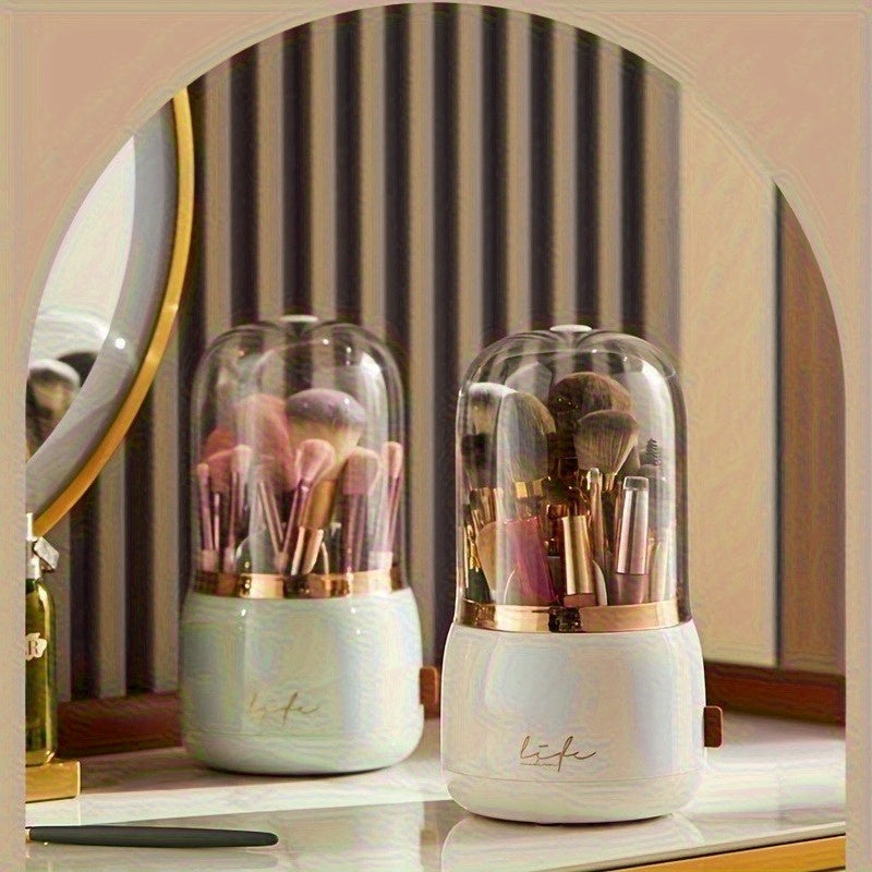 Luxury Makeup Brush Organizer with Mint Green & Rose Golden Accents - Transparent Vanity Storage Box, Large Capacity Makeup Organizer with Dustproof Lid for Professional or Home Use - Bathroom Countertop Decor, No Assembly Needed, Makeup Vanity Desk