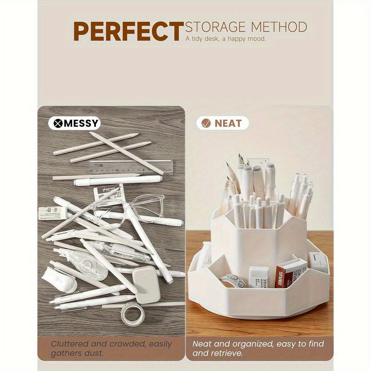 360° Rotating Nine-Grid Desktop Organizer - Milky White Pen & Pencil Holder with Sturdy Base, Space-Saving Design for Office & Home Art Supplies Storage, Durable Premium Craftsmanship, Office Desk Accessories, Highquality Construction