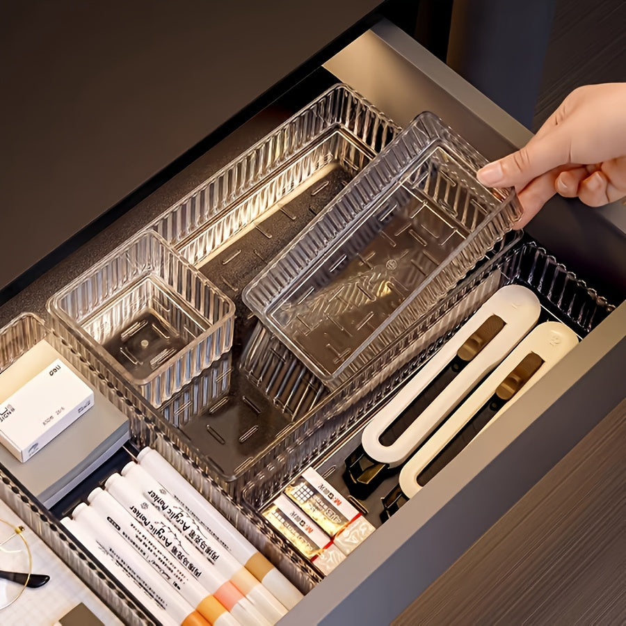 7pcs set/8pcs acrylic drawer with built-in cosmetics storage box, dividing dresser table top skincare product organizer box, and the set has multiple size combinations, Desk & Drawer Organizer for Home Storage
