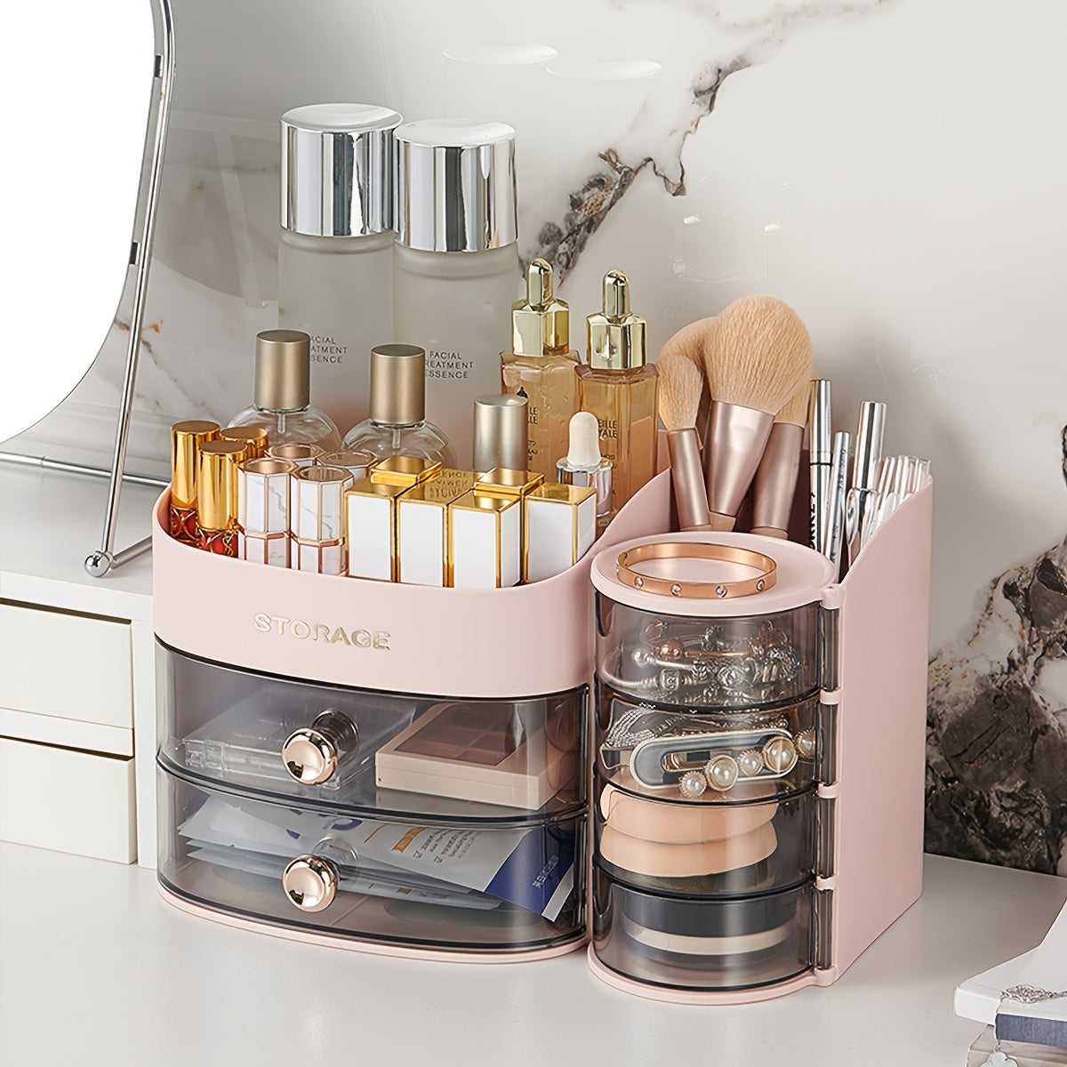 Desk Organizer Cosmetic Storage Box with Drawers - Plastic, Ideal for Lipstick and Facial Masks