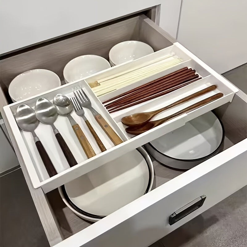 [Adjustable Drawer Organizer] Multi-Compartment Adjustable Drawer Organizer for Desktop - Plastic Storage Box with Blue Handles, Ideal for Pens, Makeup Brushes, Spoons, Forks - Easy to Move and Access, Desk and Drawer Organizer Suitable for Home Storage,
