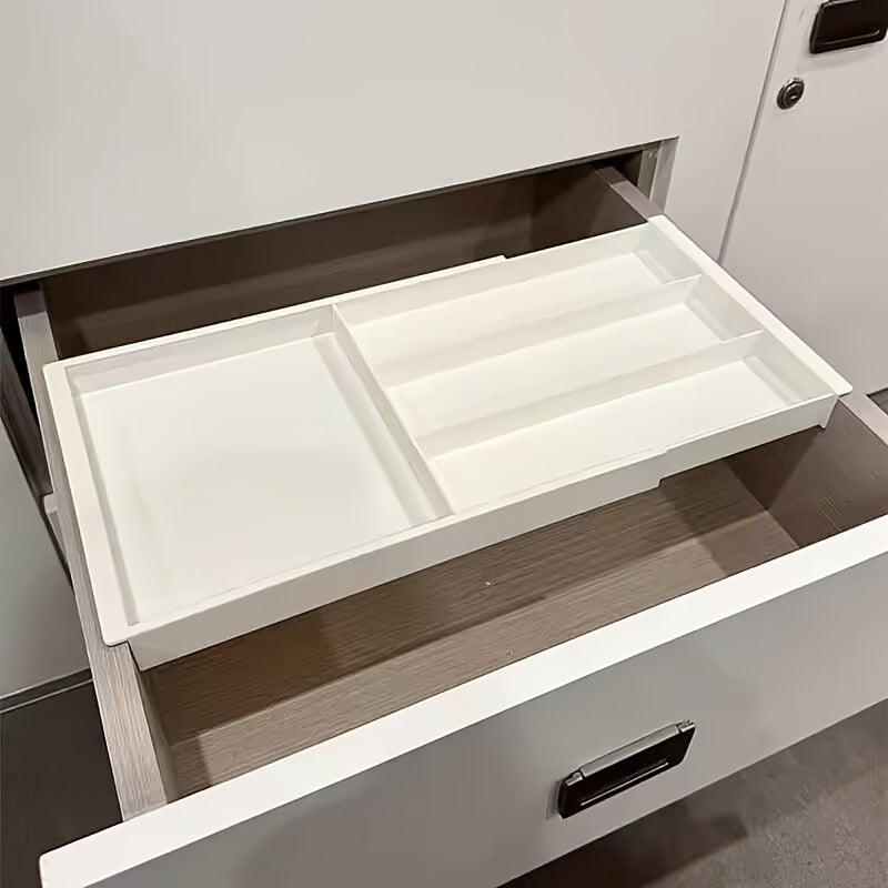 [Adjustable Drawer Organizer] Multi-Compartment Adjustable Drawer Organizer for Desktop - Plastic Storage Box with Blue Handles, Ideal for Pens, Makeup Brushes, Spoons, Forks - Easy to Move and Access, Desk and Drawer Organizer Suitable for Home Storage,