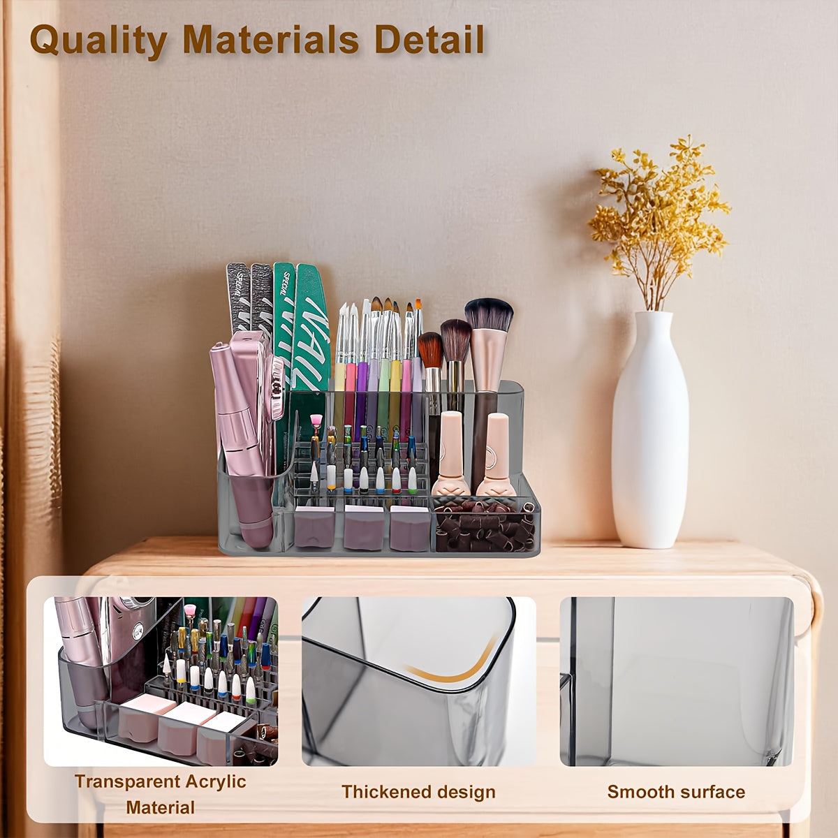 PINDAR 28-Capacity Professional Manicure & Pedicure Organizer with 3 Compartments, Transparent Drawers & Fixed Compartments - Durable Plastic Bathroom Storage Box for Nail Art Supplies, Makeup Brushes, Beauty Tools, Nail Tech Accessories, Sleek Design,