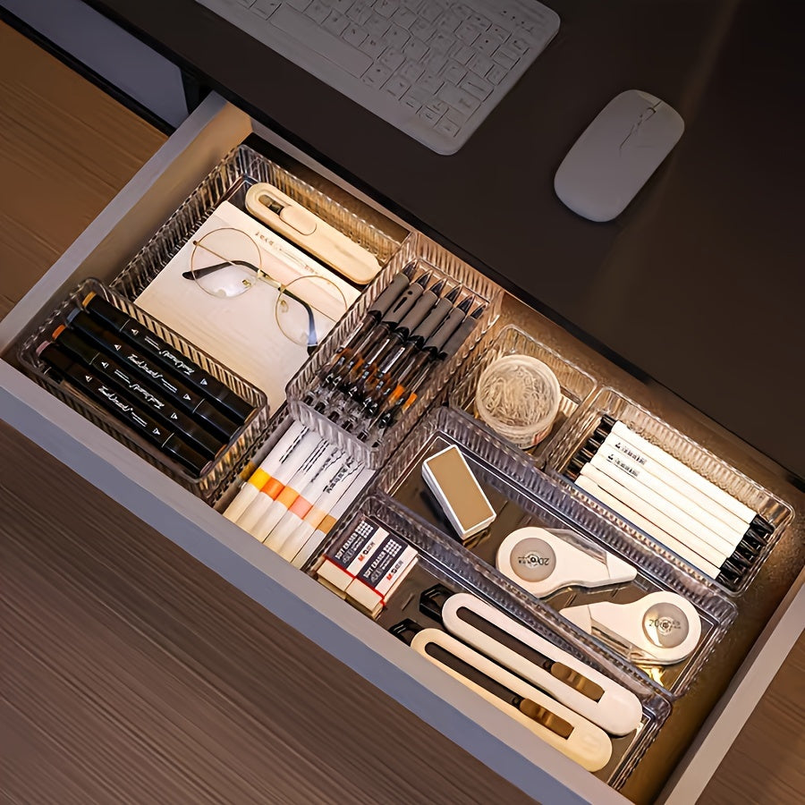 7pcs set/8pcs acrylic drawer with built-in cosmetics storage box, dividing dresser table top skincare product organizer box, and the set has multiple size combinations, Desk & Drawer Organizer for Home Storage