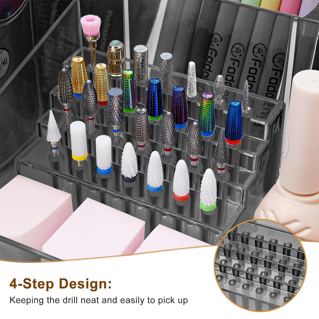 PINDAR 28-Capacity Professional Manicure & Pedicure Organizer with 3 Compartments, Transparent Drawers & Fixed Compartments - Durable Plastic Bathroom Storage Box for Nail Art Supplies, Makeup Brushes, Beauty Tools, Nail Tech Accessories, Sleek Design,